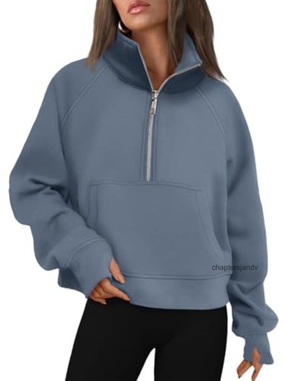 Womens Half Zip Fleece Pullover Sweatshirt Thumb Holes Kangaroo Pocket